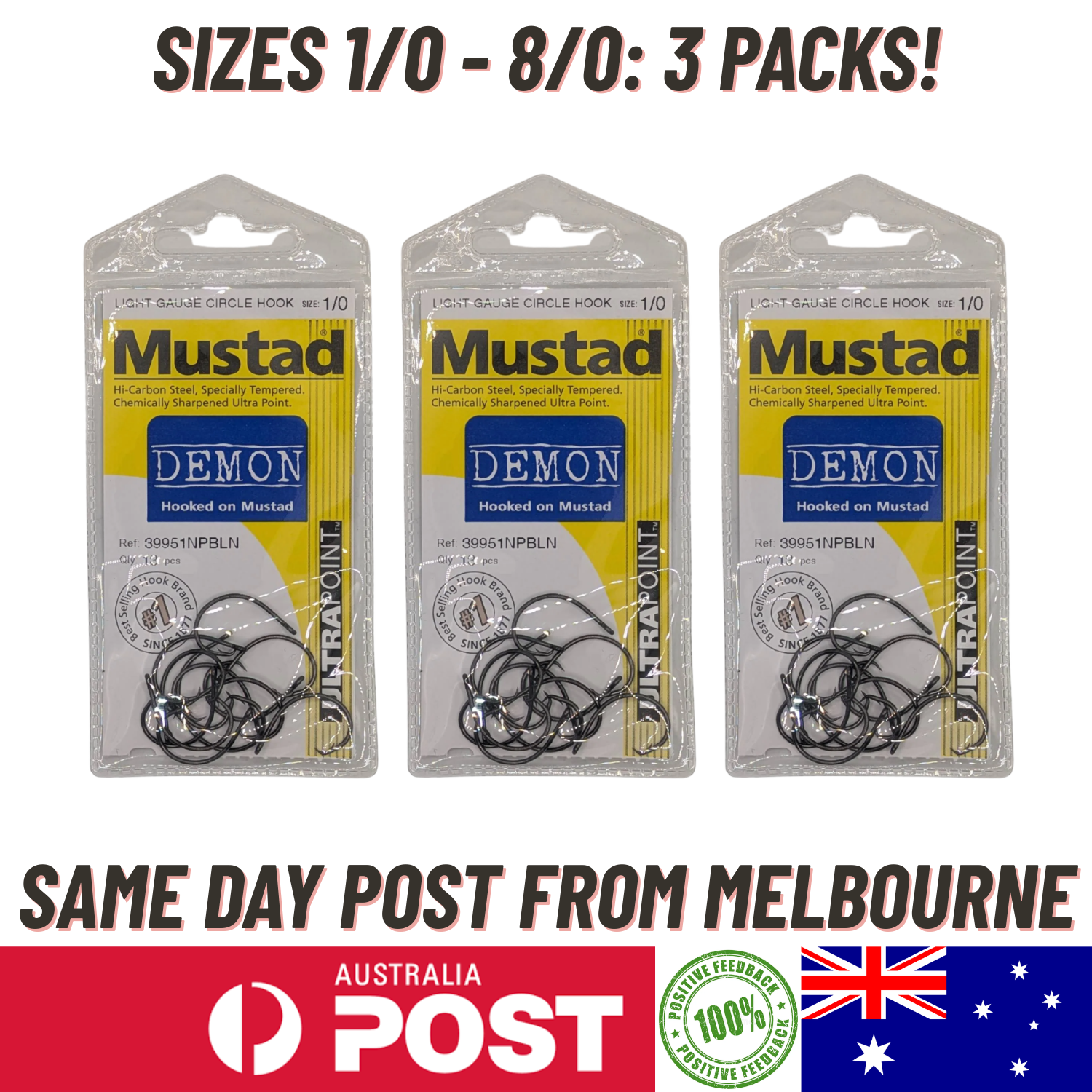 3Pack 1/0 2/0 3/0 4/0 5/0 6/0 7/0 8/0  Mustad Demon Circle Hooks Octopus Suicide